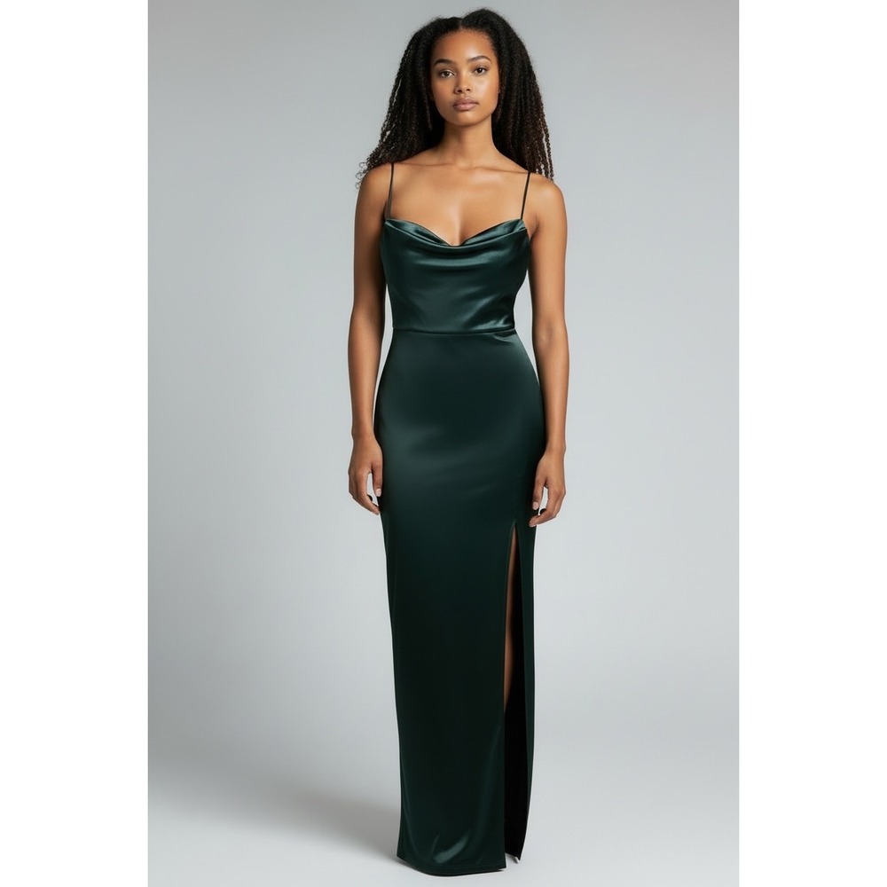 NEW Windsor Hunter Green Cowl Neck Satin‎ Maxi Dress Size S